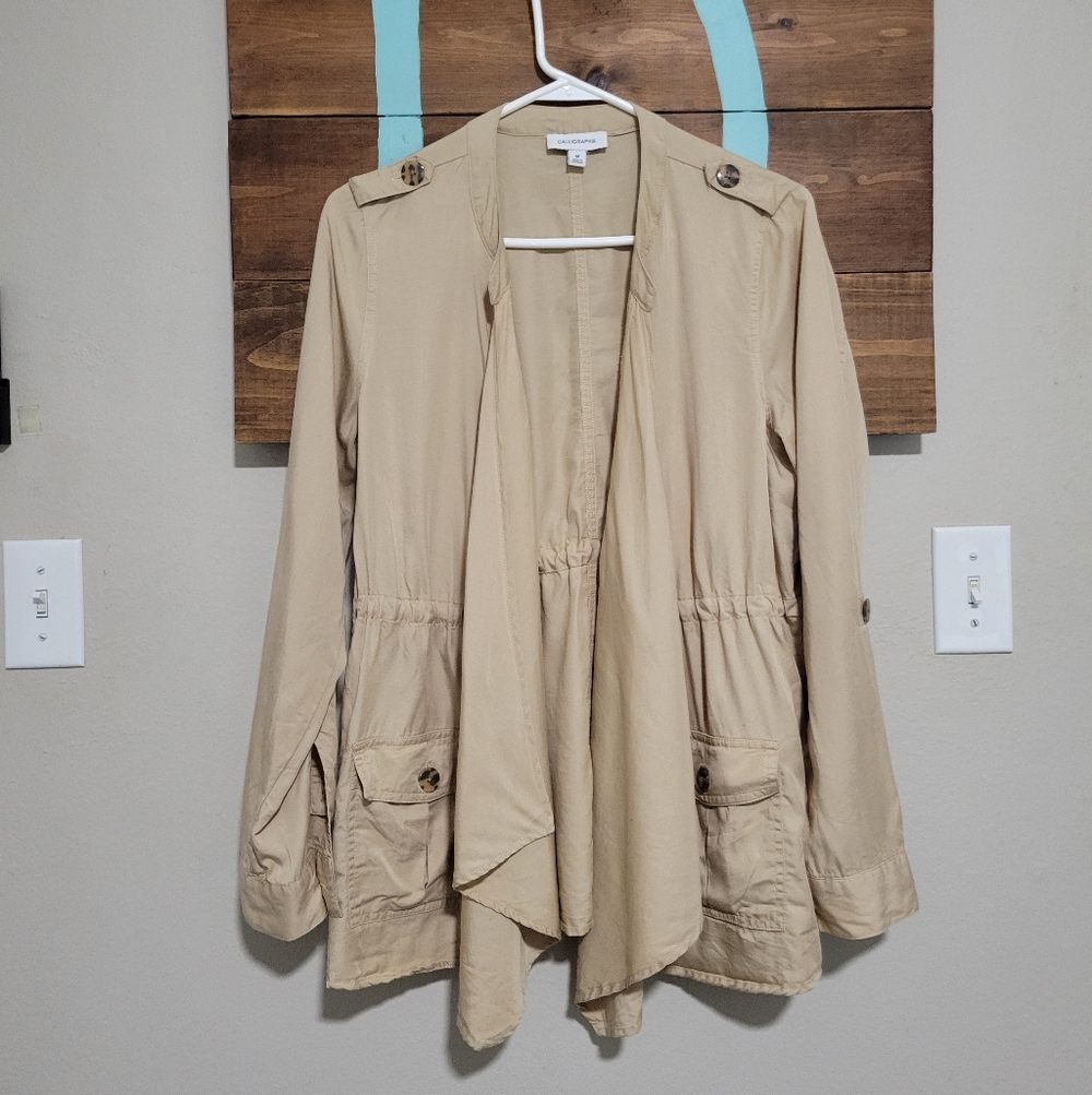 Calligrahpie Tan Safari Utility Draped Lyocell Open Front Transitional Jacket M